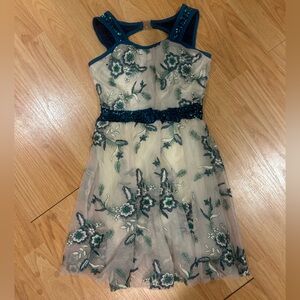 curtain call dance costume: cream, blue, and green floral dress